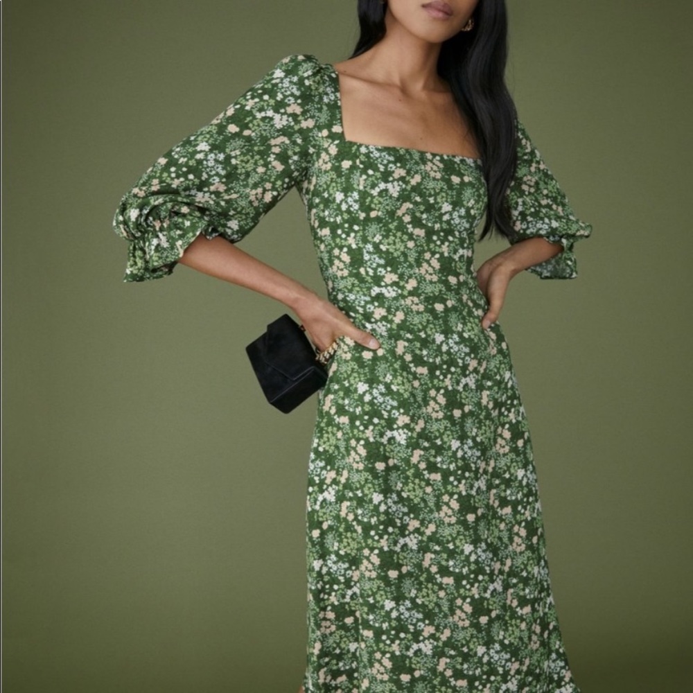 Like New Reformation Enid floral dress green midi autumnal 0